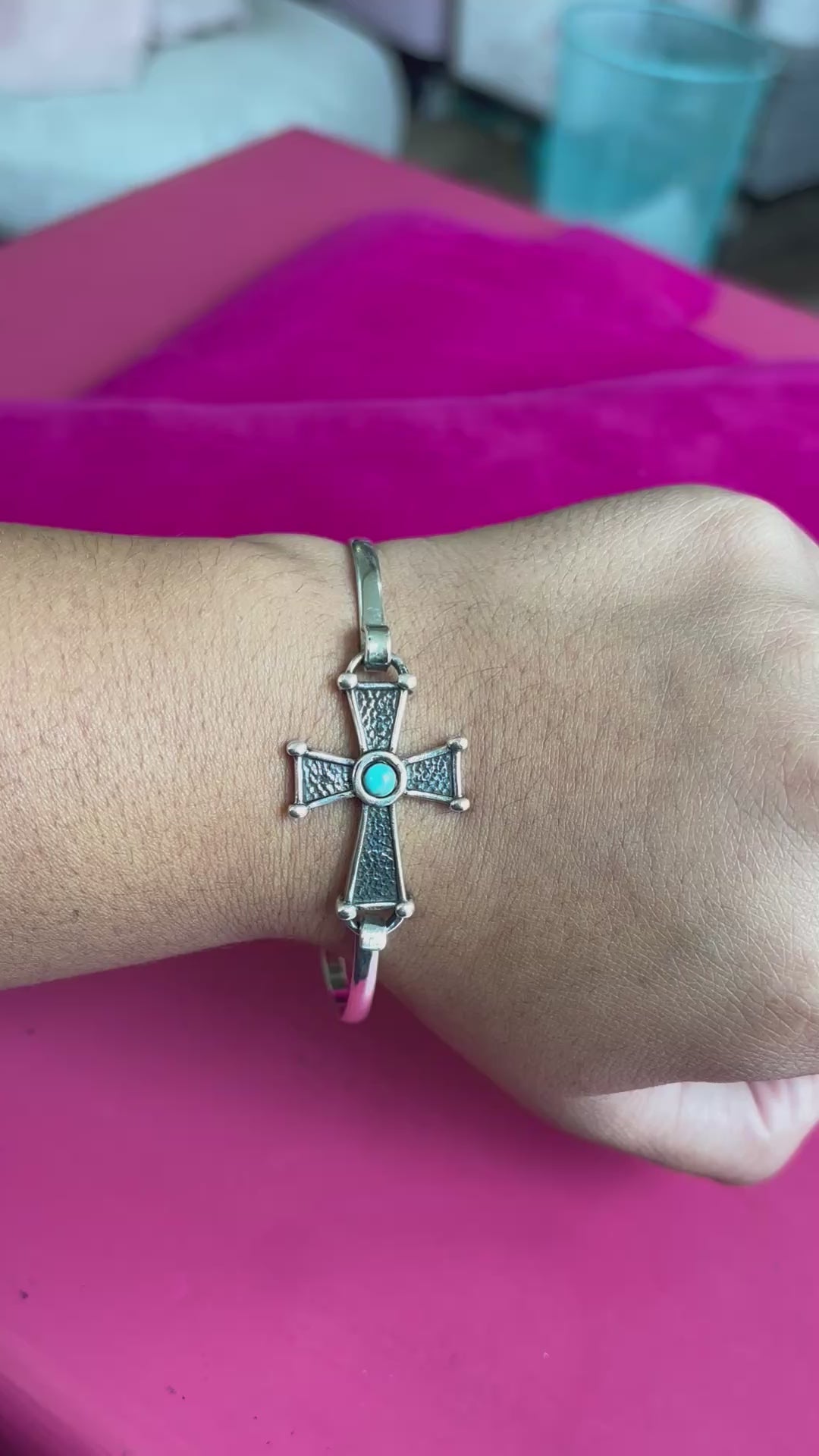 Sterling Silver Imitation Turquoise Cross Bangle Bracelet