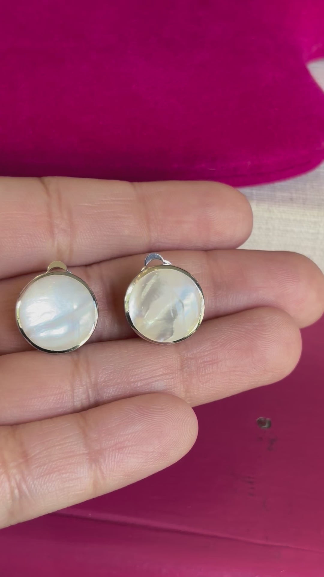 Sterling Silver Rhodium Plated Mother of Pearl Round Non-Pierced Earrings