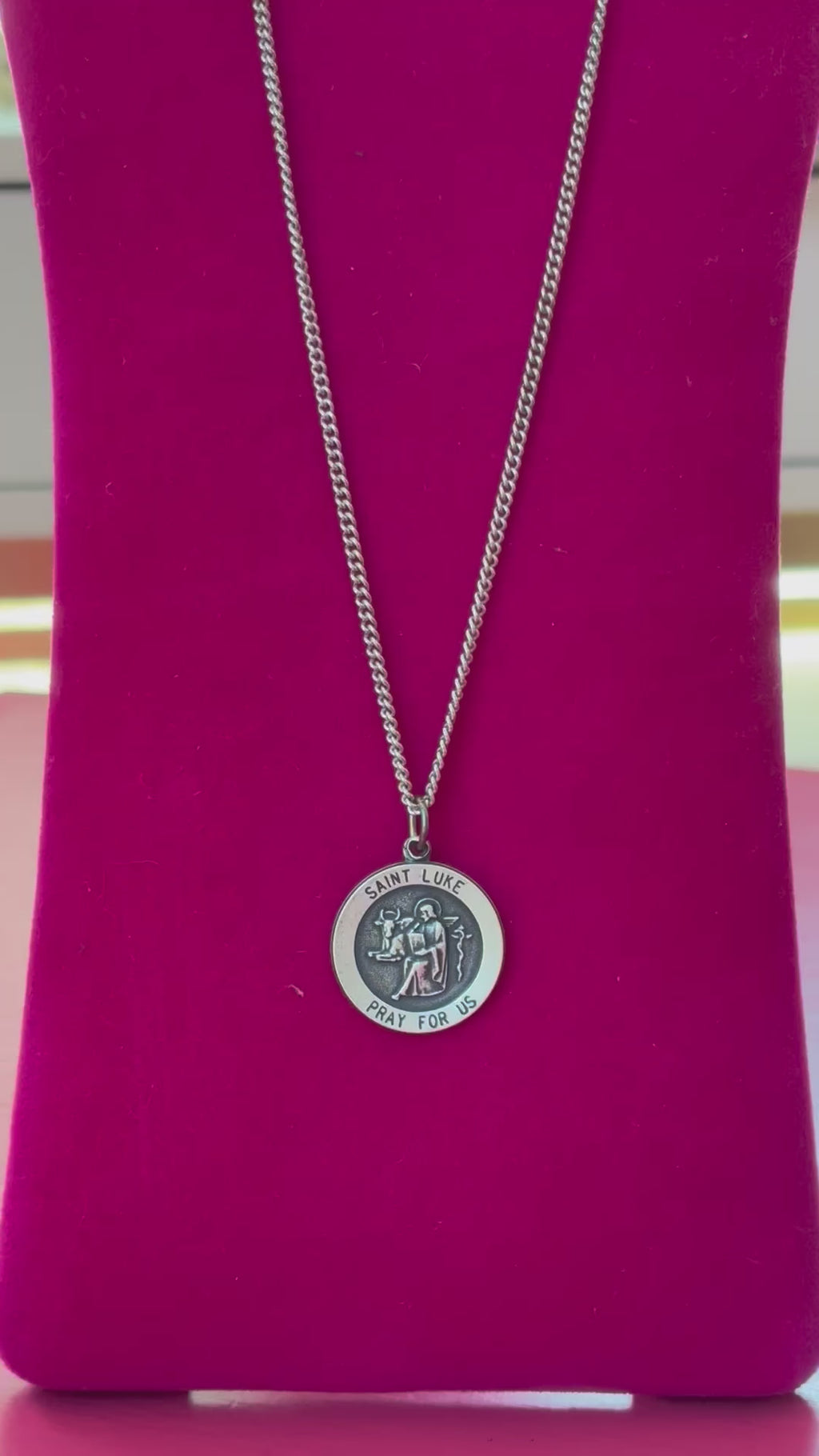 Sterling Silver 22 mm Round St. Luke Medal 24" Necklace