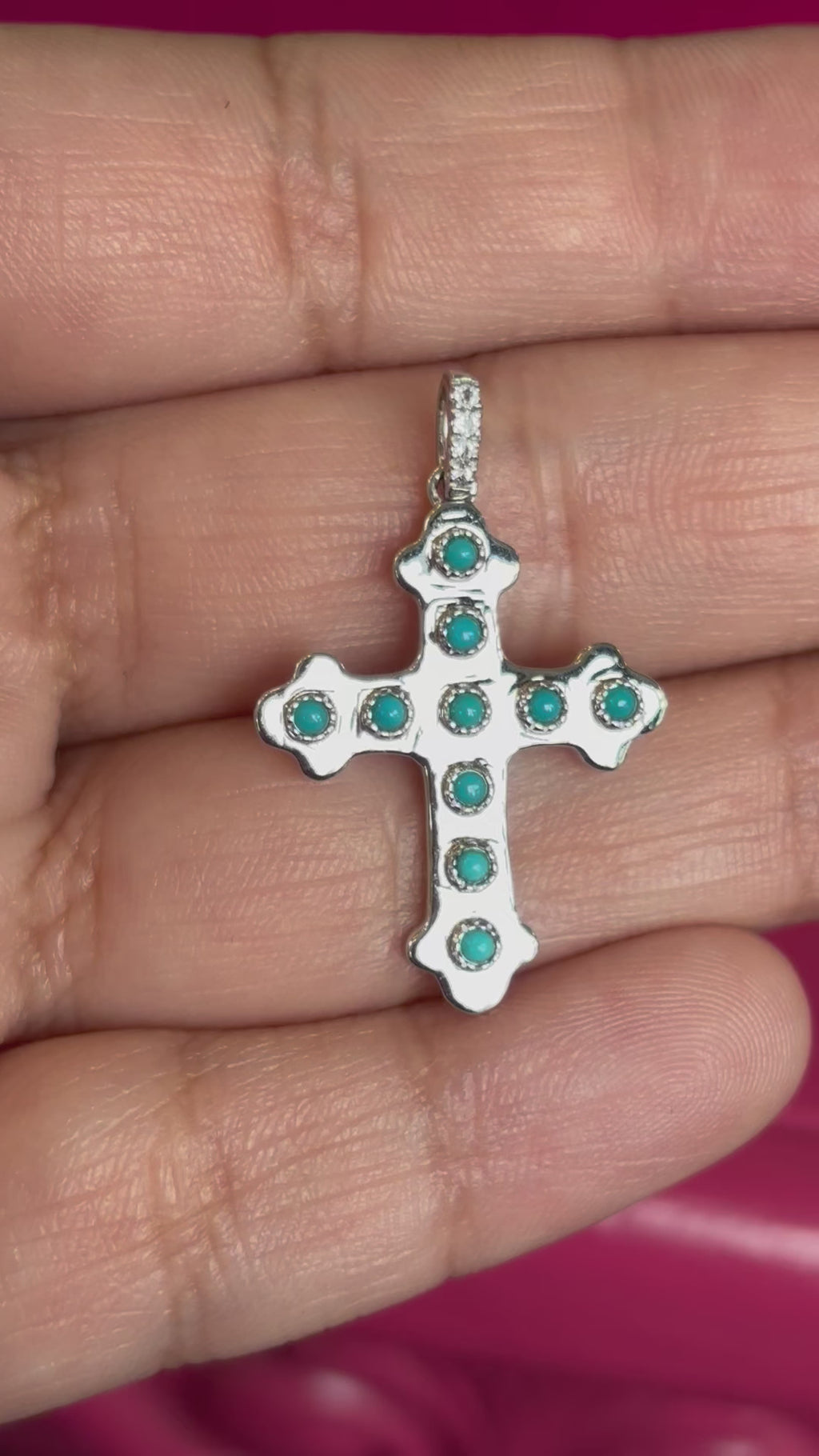 14k White Gold Turquoise and White Topaz Cross Pendant