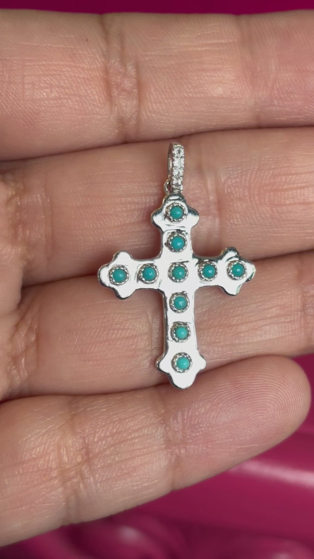 14k White Gold Turquoise and White Topaz Cross Pendant