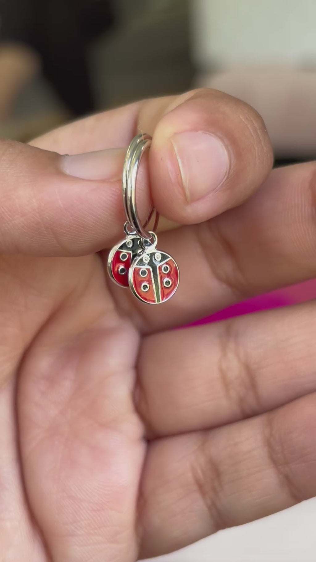Sterling Silver Rh-plated Enamel Ladybug Dangle Eternity Hoop Earrings