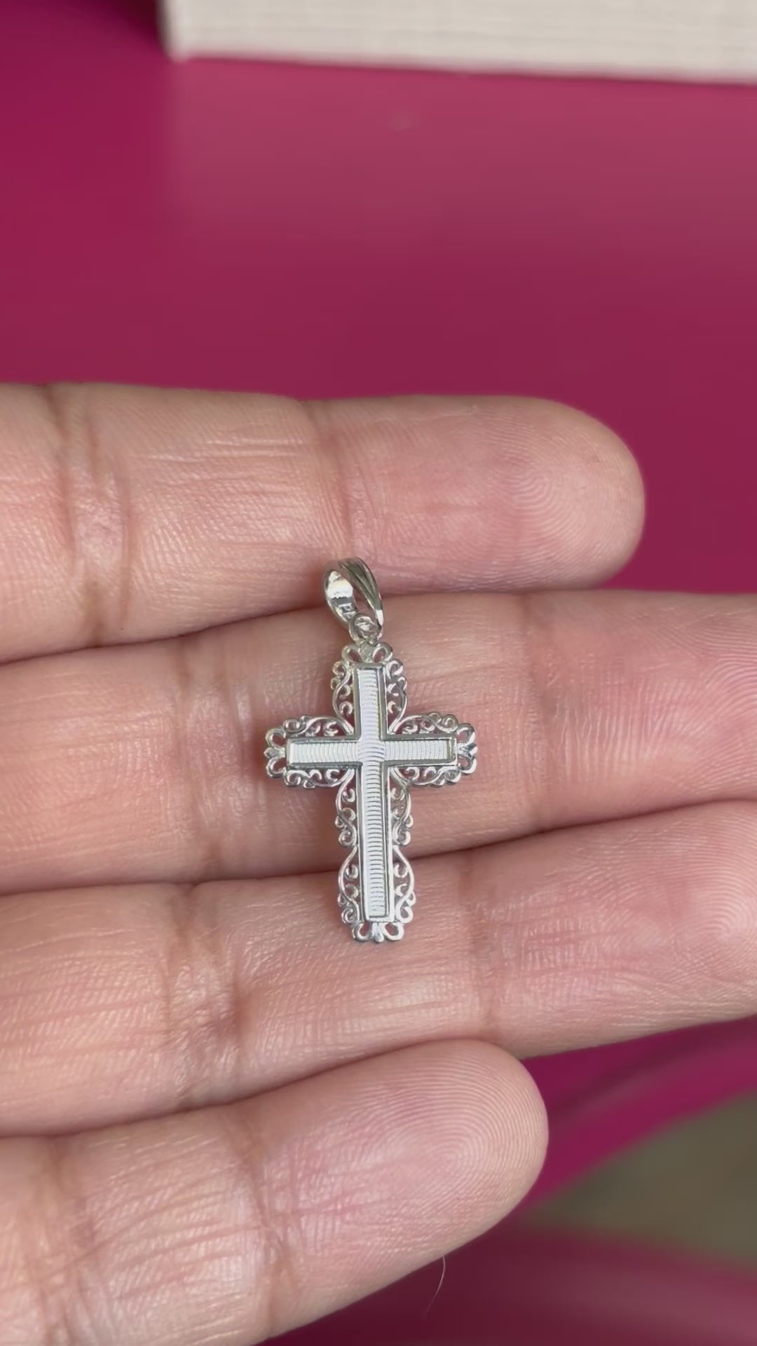 De-Ani Sterling Silver Rhodium-Plated Polished Lace Border Latin Cross Pendant